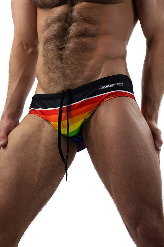 Rainbow Black Swim Briefs With Stripes