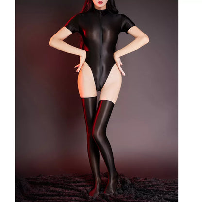 Women Set With Stockings Suit Zip Up Outfit Jumpsuit Mock Neck Teddy Costume