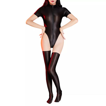 Women Set With Stockings Suit Zip Up Outfit Jumpsuit Mock Neck Teddy Costume