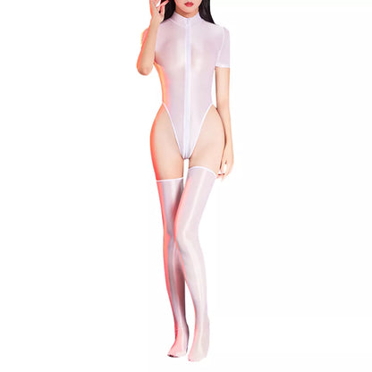 Women Set With Stockings Suit Zip Up Outfit Jumpsuit Mock Neck Teddy Costume