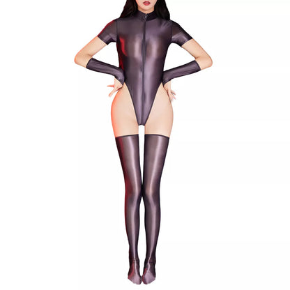 Women Set With Stockings Suit Zip Up Outfit Jumpsuit Mock Neck Teddy Costume